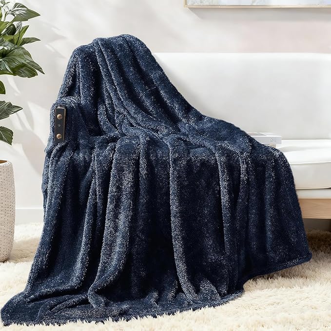 Exclusivo Mezcla Plush Fuzzy Fleece Throw Blanket Extra Large, Super Soft, Fluffy and Warm Blankets for Couch, Bed, All Season (Navy Blue, 50x70 inches)