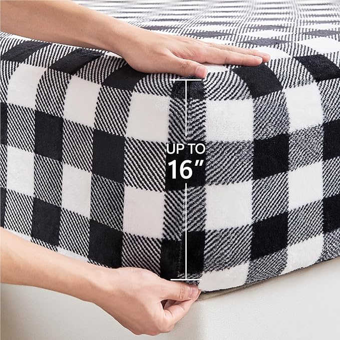 BEDELITE Fleece Sheets Queen Size Bed Set, Luxury Red and Black Plaid Winter Bedding Set, Super Soft & Warm Fuzzy Flannel-Like Sheets 4 Piece(Include Fitted Sheet, Flat Sheet, 2 Pillowcases)