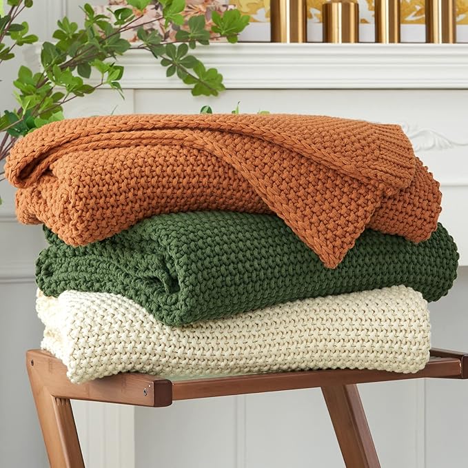 Longhui bedding Chunky Cable Knit Throw Blanket Lightweight Olive Green 100% Organic Cotton Blanket for Sofa Couch Bed Baby Nursery, Rustic Shabby Chic Modern Farmhouse, 51” x 63” Give Laundering Bag