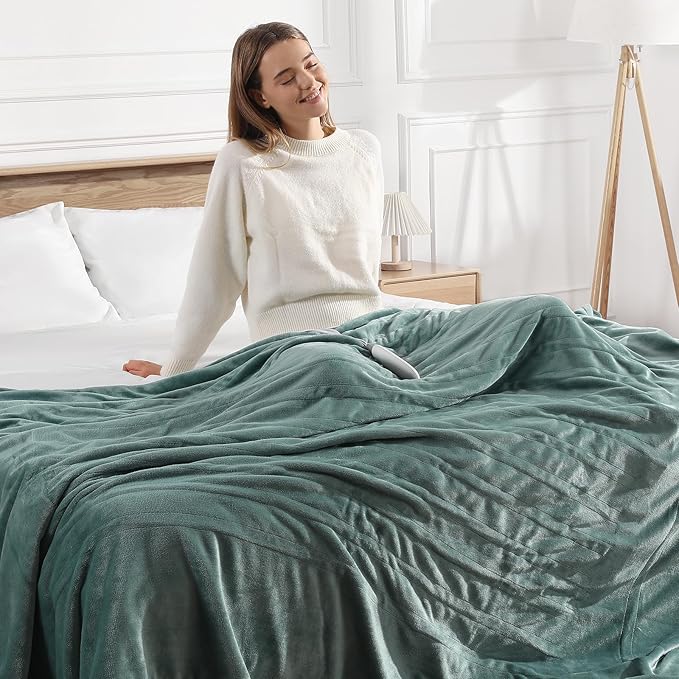 Heated Blanket King Size Electric Blanket 100''X90'' - Fast Heating Blanket Ultra Soft Flannel, Dual Controllers with 5 Heat Levels & 10 Hrs Timer, Machine Washable King Heated Blanket, Green