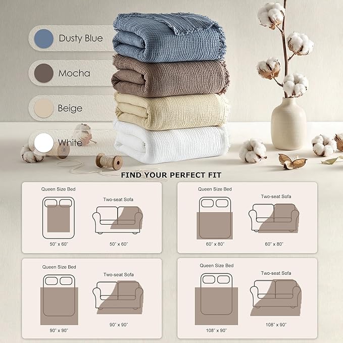WDCOZY 100% Cotton Muslin Blanket King Size 4-Layer for Bed Breathable Lightweight Soft Large Boho Farmhouse Linen Tassels Ruffle Gauze Blankets 108x90 Inches Brown Mocha Chocolate Coffee Taupe