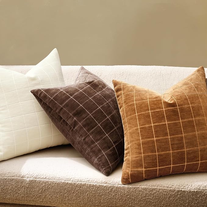 MIULEE Decorative Chenille Check Throw Pillow Covers Vintage Plaid Couch Pillows 18x18 Inch Set of 2 Neutral Boho Farmhouse Cushion Covers Modern Spring Home Decor for Sofa Bed Living Room Bronze