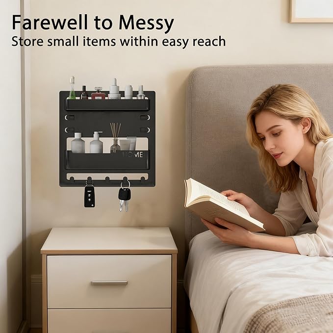 Bedside Wall Shelf Organizer – Black Floating Wall Shelf with Adhesive Mount, Space-Saving Bedside Organizer for Dorm Room & Bedroom Storage – Modern Room Decor for College Girls & Teens (Black)