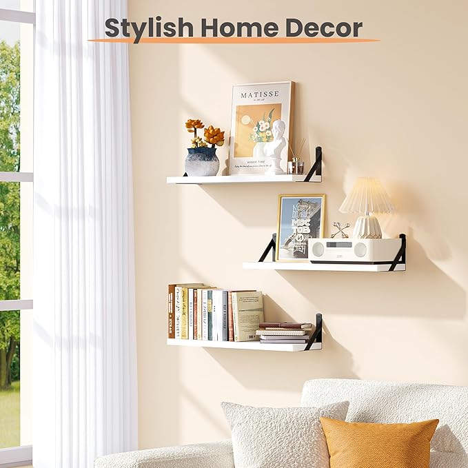 upsimples 23.6 Inches Floating Book Shelves for Wall, Floating Wood Shelves for Living Room, Laundry Room, Bedroom, Office Organizer and Storage, White