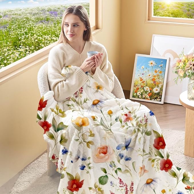 yuboo Floral Throw Blanket - Spring Colorful Flower Blanket, Soft Lightweight Fluffy Blanket for Sofa,Couch,Bed, Vintage French Country Throw Home Decor, 50 x 60 Inch