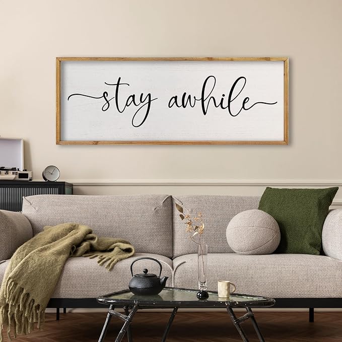 comurdyo Living Room Wall Decor Stay Awhile Sign 32"×12" Lets Stay Family Home Large Vintage Farmhouse Simple Wood Frame for Entryway Hallway Plaque Horizontal Art Hangin (Wood)