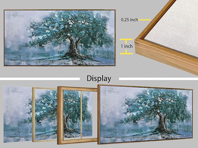Ardemy Extra Large Framed Tree Canvas Wall Art for Living Room, Teal Tree of Life Landscape Bedroom Picture Wall Decor, Nature Painting Artwork for Wall Home Office Dining Room Kitchen 58"x29"