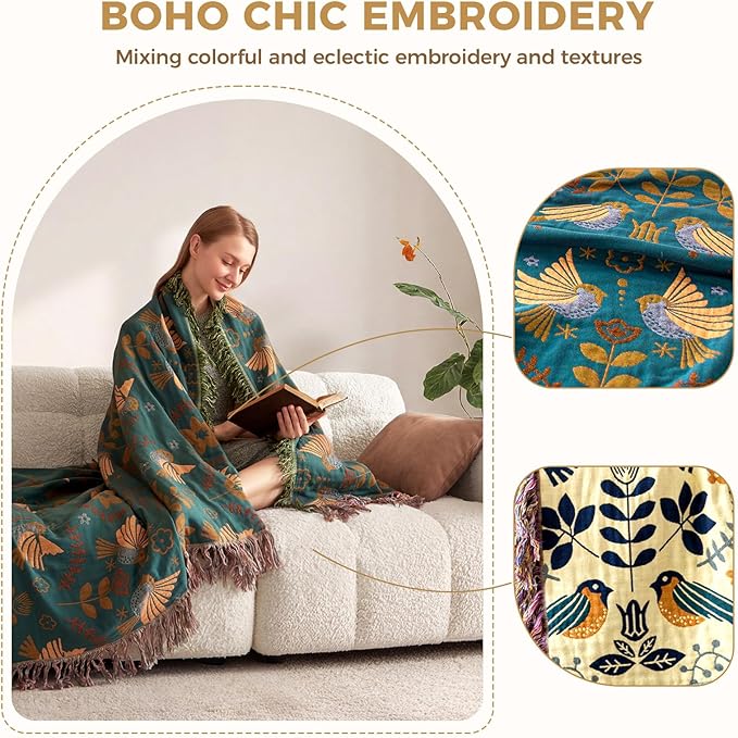 King Throw Blanket for Bed 100% Cotton Boho Soft Rustic Quilt Birds and Floral Double Embroidery Breathable Spring Bed Blanket,90"x108" All Season Blankets for Bedding Couch Room Decor