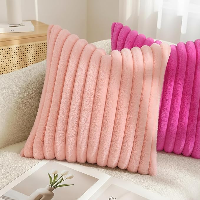 decorUhome Summer Cozy Faux Fur Throw Pillow Covers 16x16 Set of 2 Decorative Plush Striped Modern Farmhouse Boho Couch Pillow Cases with Velvet Back for Sofa Bed Living Room, Blush Pink