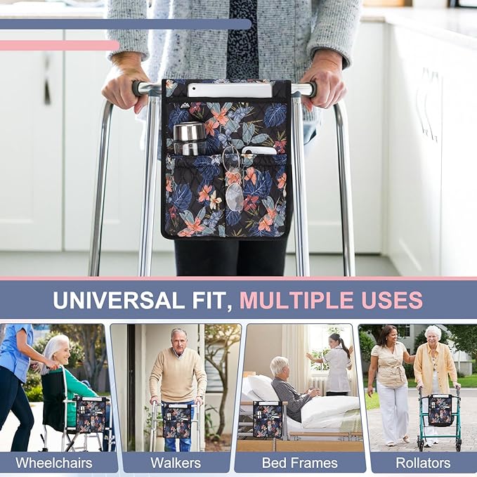 supregear Walker Bag, Universal Seniors Caddy Organizer with Multiple Pockets, Lightweight Accessories for Elderly, Rollators, Wheelchairs and Bedside Rails, Easy to Use Storage Pouch, Floral Black