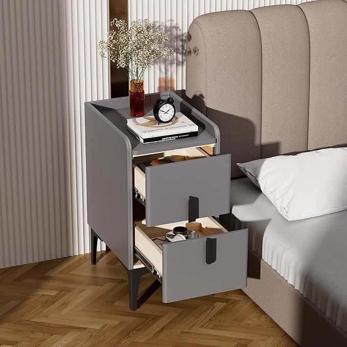 VICITON Narrow Nightstand with 2 Drawers, Narrow Side Table Leather Surface, Slim Bedside Table for Bedrooms, Dormitories, Living Rooms (Light Gray, 15.7" D x 11.8" W x 22.4" H)