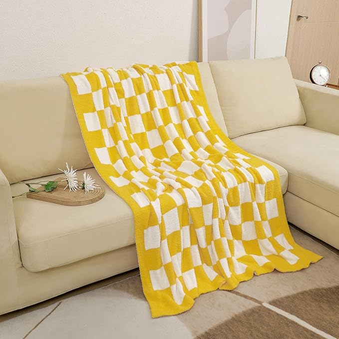 bearberry Fuzzy Checkerboard Grid Throw Blanket Soft Cozy Warm Microfiber Bed Blanket Decor for Couch Sofa Bed Travel Home (Yellow, 60''x80'')