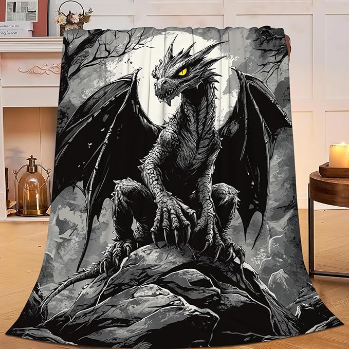 Black Dragon Blanket for Girls Women Boys Men Adults Kids Soft Cozy Fleece Cool Dragon Lovers Throw Blankets Gifts Warm Flannel Plush Lightweight Decor for Couch Bed Sofa 50"X40"