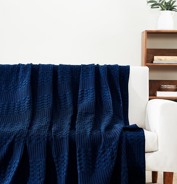 VHC Brands 100% Cotton Waffle Weave King Blanket 108"x90", Decorative Lightweight Spring and Summer Throw Blanket, Bedroom Decor for Bed, Couch, or Sofa, Navy