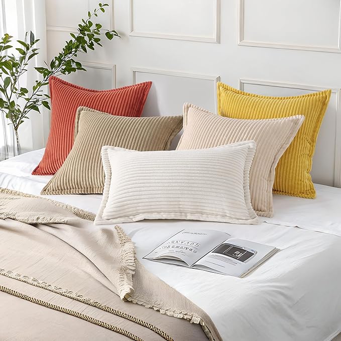 Mecatny Corduroy Throw Pillow Covers 16x16 Set of 2, Neutral Decorative Soft Boho Couch Pillow Covers with Broadside for Sofa Living Room, Cream White