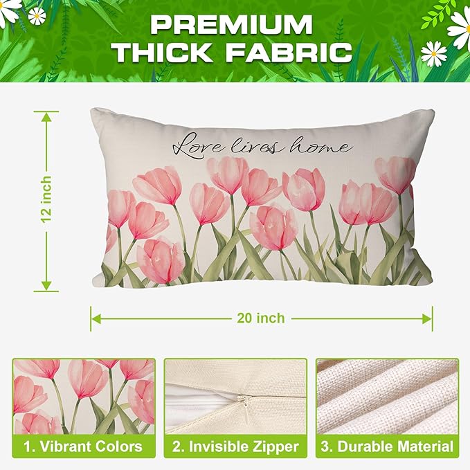 Pillow Covers 12x20 Inch Set of 4 Tulip Home Sweet Home Pink Throw Pillows Decorative Pillow Cases Hello Summer Spring Seasonal Farmhouse Decorations for Sofa Couch