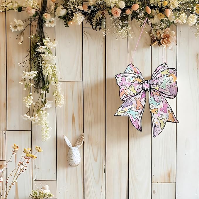 RattanView Cute Easter Bow Wooden Door Decor Colorful Bunny Hanger Sign Coquette Bow Wall Hanging Pastel Preppy Wall Art Bowknot Welcome Front Door Girly Decor for Room Indoor Outdoor Porch