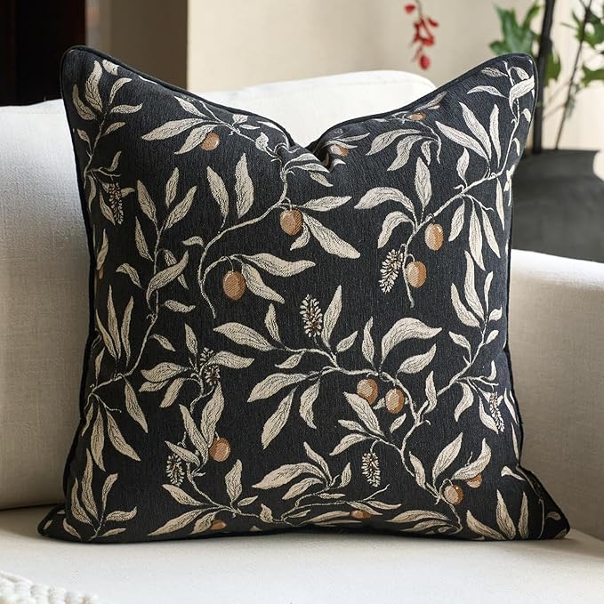 Alerfa Black Floral Throw Pillow Cover 20 x 20 Inch Sqaure Luxury Decorative Pillow Cover for Couch Living Room Bedroom