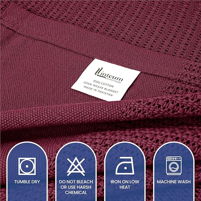 Linteum Textile Supply Leno Weave Burgundy Blanket, Twin 100% Cotton, Lightweight, Warm, Fluffy, Premium and Durable Soft & Cozy Bed Blanket for Bed, Couch, Sofa Throw for All Season [66x90]