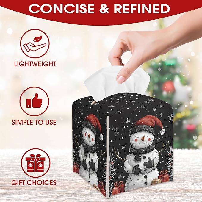 Black Christmas Snowman Tissue Box Cover Holder, Snowflake Leather Tissue Box Cover Square, Xmas Gift Ideas for Family Friends, Bathroom Kitchen Car Office Home Table Decor(5.2 Inches)-B07