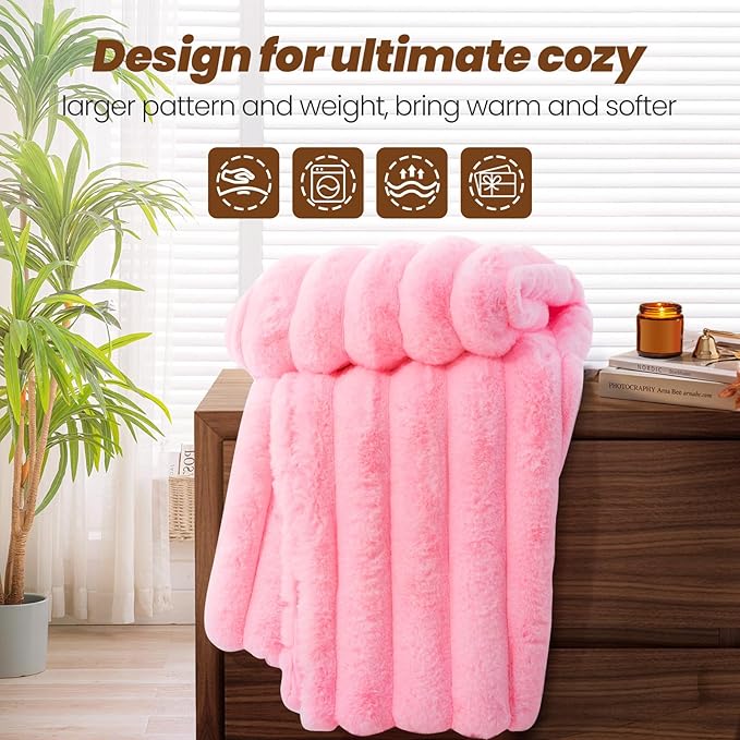 Faux Fur Throw Blanket for Couch, 850GSM Cozy Soft Plush Thick Striped Luxury Blanket for Sofa Living Room Bedroom,50 * 60 Inches, Pink