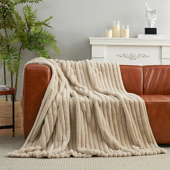 Amélie Home Faux Fur Throw Blanket for Couch, Cozy Fuzzy Fluffy Fur Luxurious Soft Striped Plush Gift Blankets for Family Sofa Chair Bedroom, 55"x70", Beige
