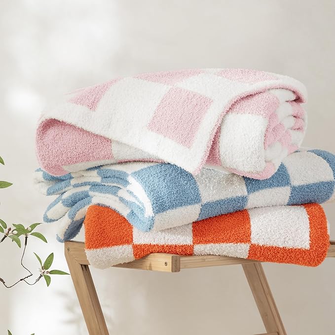 Whale Flotilla Checkered Knit Throw Blanket, Ultra Soft Warm Reversible Cozy Decorative Blankets for Couch Sofa and Bed, 50x60 Inch, Pink