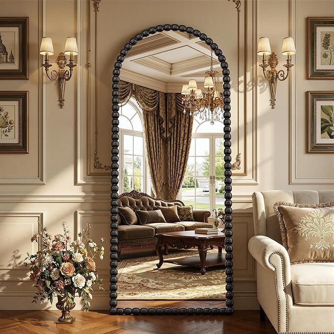Antok 57" x 21" Arched Full Length Mirror, Antique Beaded Frame Floor Standing or Wall Mounted Mirror with Stand for Bedroom, Entryway, Black, Luxury Style