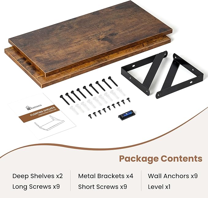 Axeman Floating Shelves for Wall, 16''W x 8''D Wood Floating Shelves Set of 2, 8 Inch Deep Rustic Wall Shelves for Bookshelf Living Room Bedroom Home Office Bathroom