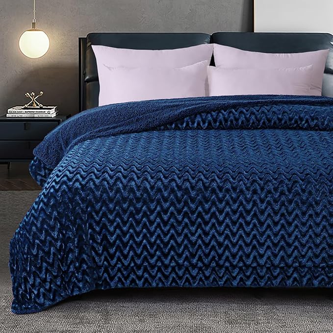 Whale Flotilla Faux Fur Sherpa Twin Size Blanket for Bed, Cozy Reversible Fuzzy Fluffy Plush Blankets for All Season, Warm and Soft, 60x80 Inch, Navy