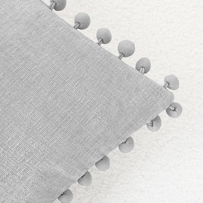 CaliTime Throw Pillow Covers Decorative 20 X 20 Inches Pack of 2 Cozy Solid Dyed Soft Chenille Cushion Cases with Pom Poms for Couch Sofa Bed Living Room Home Moonbeam Gray