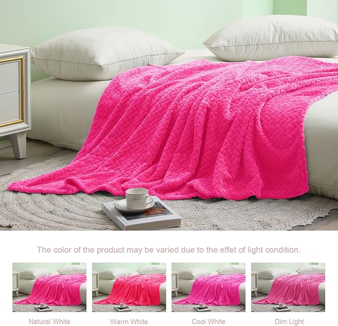 Exclusivo Mezcla Fleece King Size Blanket for Bed, 90x104 Inches Soft Cozy Jacquard Flannel Blankets, Lightweight Fuzzy Plush Warm for Women, Hot Pink