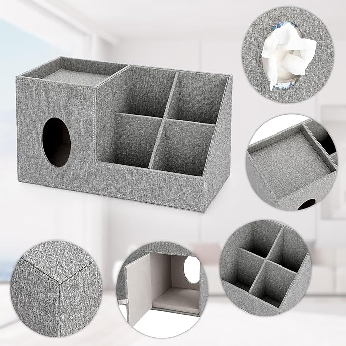 Sumnacon Square Linen Tissue Box Cover - Decorative Cube Tissue Cover with Side and Top Organizer, Modern Tissue Holder for Living Room Vanity Night Stand Table Countertop Office, Grey