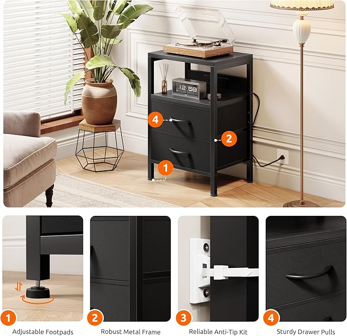 NightStand Bedside Charging Table Bedroom - Night Stand with Charger Station, Modern Nightstand with Open Shelf & 2 Fabric Drawers, Bed Side Table with USB-C Port for Dorm, Black