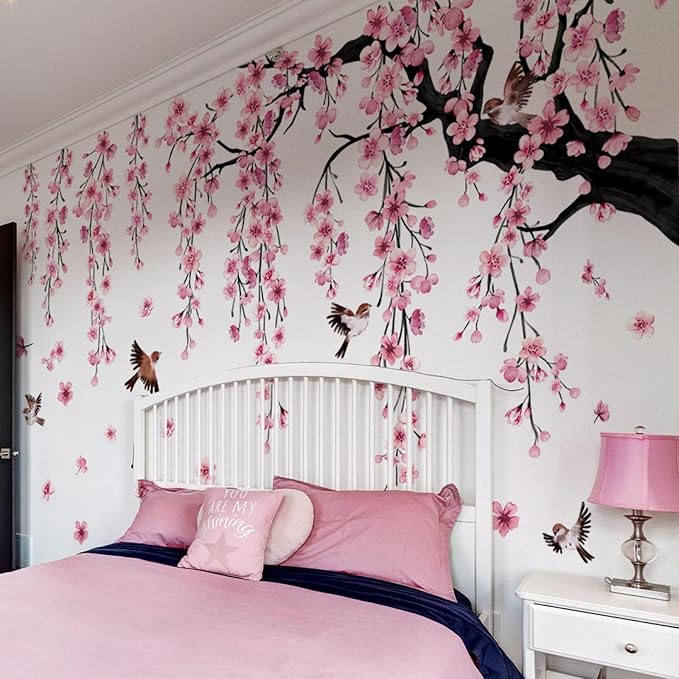 Lilac Wall Decoration Large Cherry Blossom Tree Wall Stickers, 4 Sheets Spring Pink Flower Bird Wall Decals Peel and Stick Wall Murals Decor for Living Room Bedroom (Pink, 11.8 * 35.4inch)