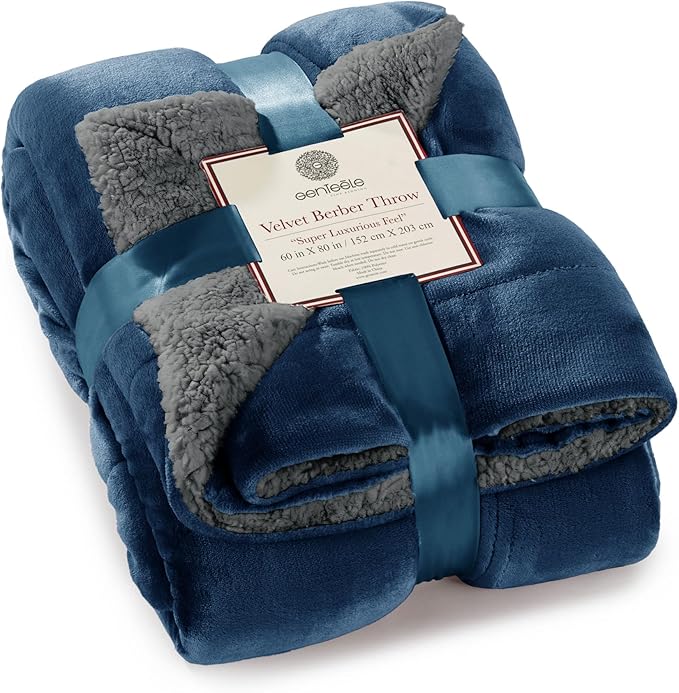 Genteele Sherpa Throw Blanket Super Soft Reversible Ultra Luxurious Plush Blanket, 60 x 80 inches, Navy/Gray