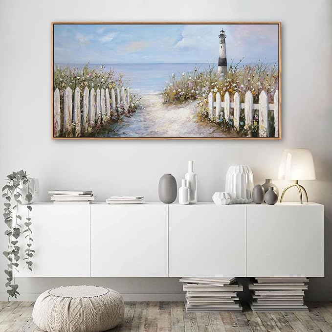 Ocean Wall Art for Living Room - Coastal Canvas Artwork for Walls, Vintage Landscape with Lighthouse, Farmhouse Beach Pictures, Framed Bedroom Wall Decor 24×48IN