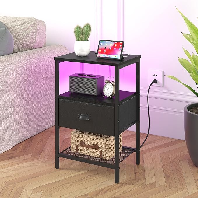 Nightstands Set of 2, LED Night Stands with Charging Station and Fabric Drawer, Bedside Tables with Drawers, 2- Tier LED Side Tables End Table Charging Station Livingroom Bedroom, Black