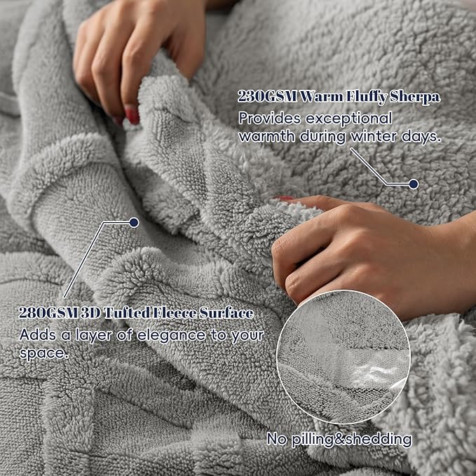 PHF Fluffy Sherpa Fleece Blanket Queen Size for Winter, Warm and Cozy, 510GSM 3D Tufted Shaggy Fleece Blanket for Sofa Bed, Grey, 90"x90"
