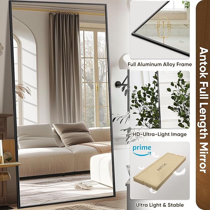 Antok Full Length Mirror, 46"x90" Floor Mirror with Stand, Hanging Mounted Mirrors for Bedroom, Living Room, Cloakroom, Dining Room, Black, Rect
