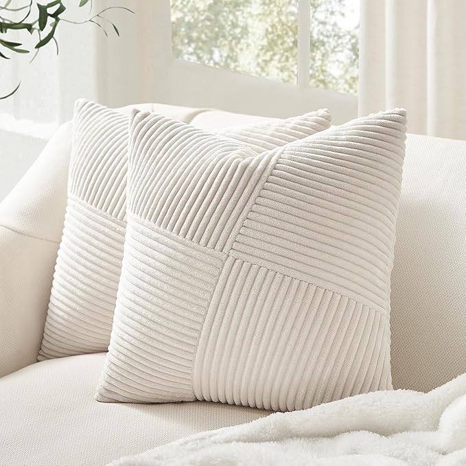 Topfinel Cream White Decorative Neutral Throw Pillow Covers 18x18 Inch for Couch Sofa Bed, Soft Corduroy Striped Patchwork Windmill Textured Square Cushion Covers Set of 2 Spring Boho Home Decor