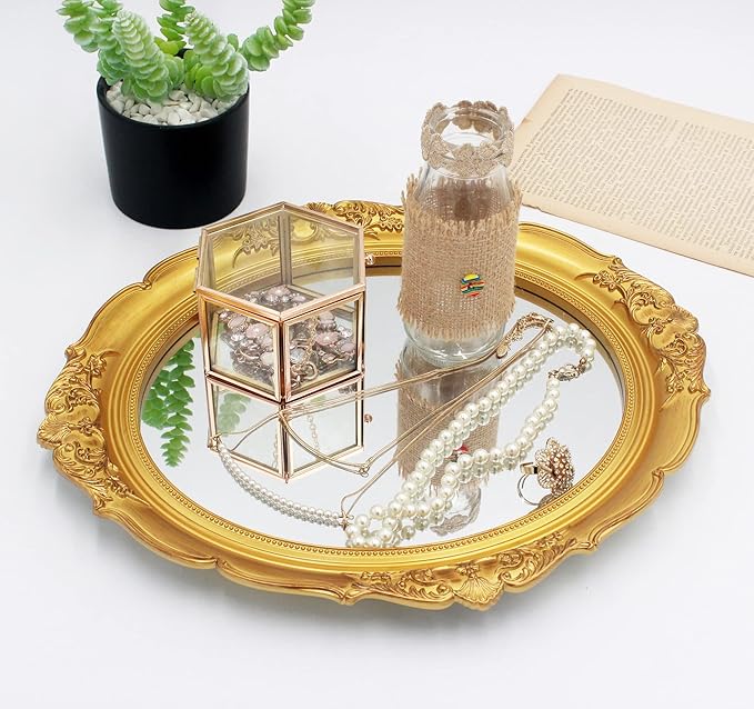 Eaoundm 13.1 x 14.8 inchs Decorative Wall Mirror,Vintage Hanging Mirrors for Bedroom Living-Room Dresser Decor Oval (Gold)