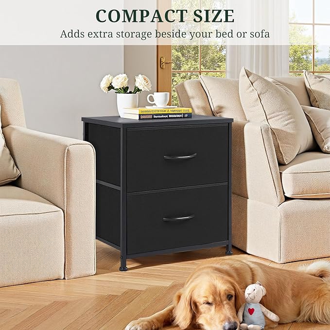 Nightstand Set of 2, Small 2 Drawer Dresser End Table Bedside Furniture, Wooden Top Fabric Bins for Bedroom, Closet, Entryway, Dorm, 11.8" D x 18" W x 20", Black