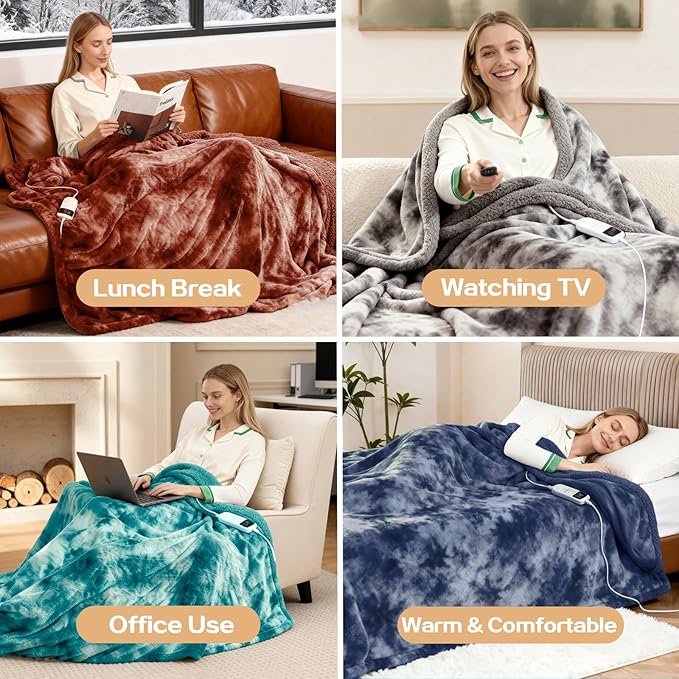 Electric Heated Blanket Full 72''x84''Size Faux Fur Heating Blanket 10 Heating Settings, 1-8h Timer & Overheat Protection, Machine Washable, Soft Flannel and Sherpa Full Body Warmth