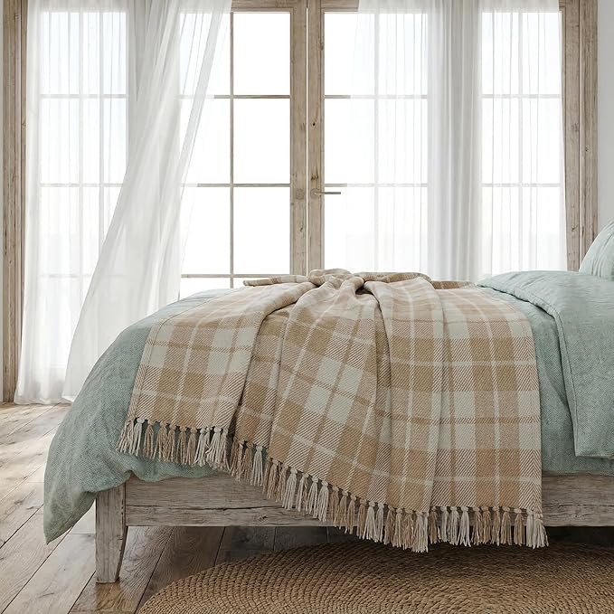 Americanflat 50x60 Throw Blanket - Soft and Breathable Cotton Throw Blanket for Couch, Bed, Chair - Decorative Blankets Perfect for Home, Office, or Outdoor Use - Ecru Camel Plaid Design