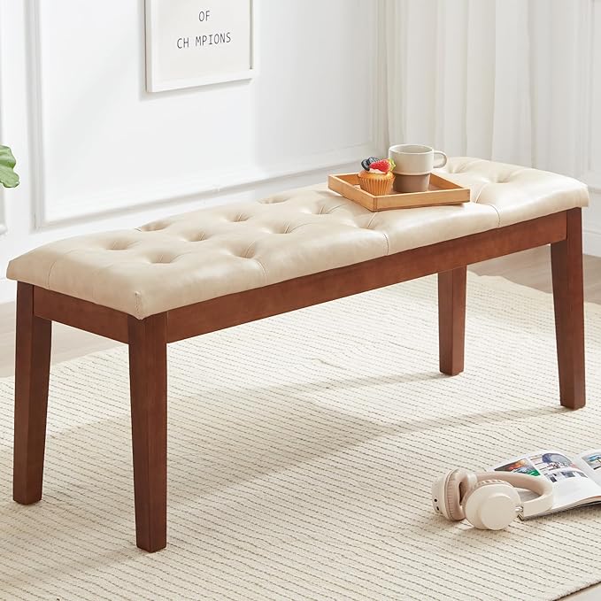 Ottoman Bench Upholstered Padded Seat with Solid Wood Legs and Button-Tufted, Faux Leather Ivory