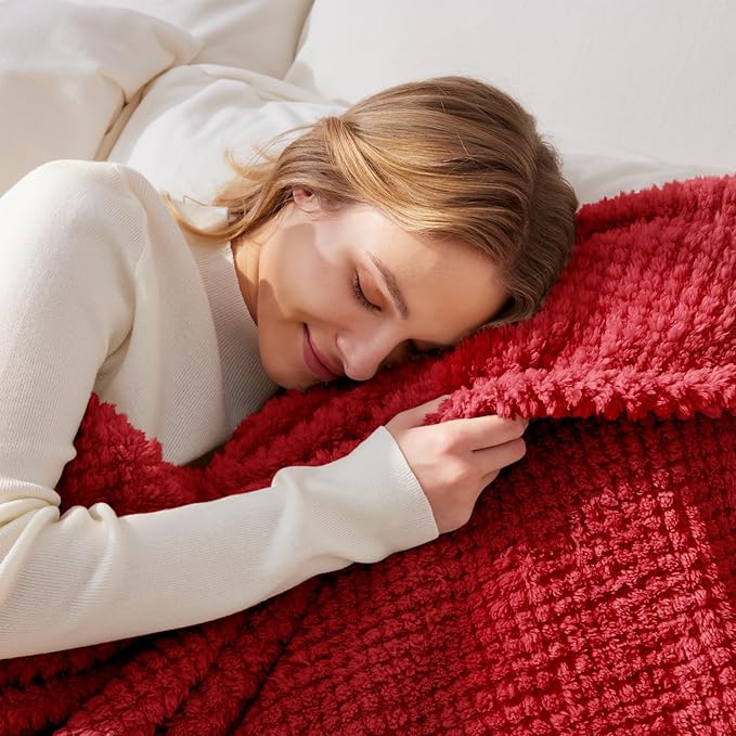 Whale Flotilla Twin Size Fuzzy Fleece Blanket for Bed, 60x80 Inch Fluffy Warm Soft Jacquard Blankets for All Season, Lightweight and Cozy, Red