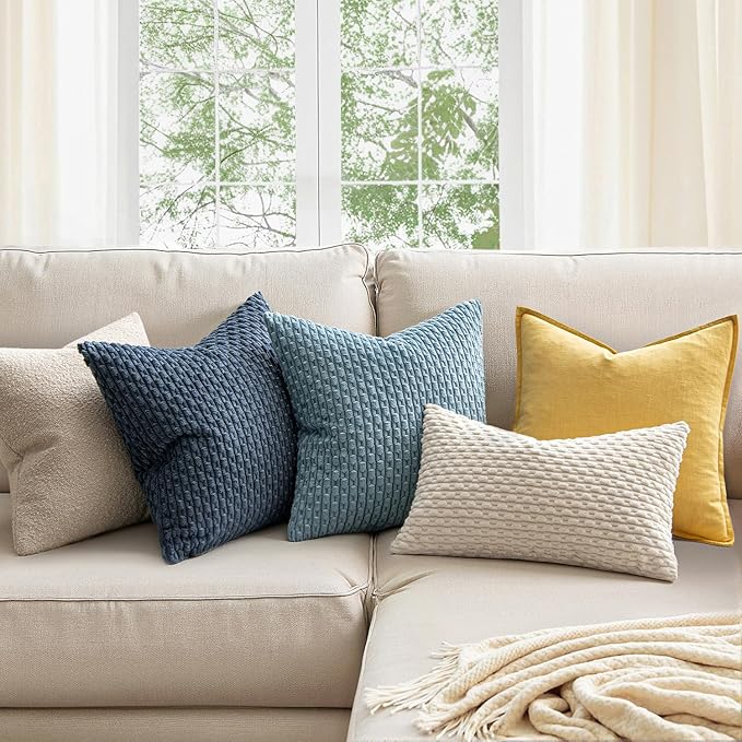 MIULEE Pack of 2 Decorative Throw Pillow Covers 18x18 Inch Soft Boho Striped Textured Corduroy Pillow Covers Modern Farmhouse Home Decor for Couch Bed Sofa Living Room Blue