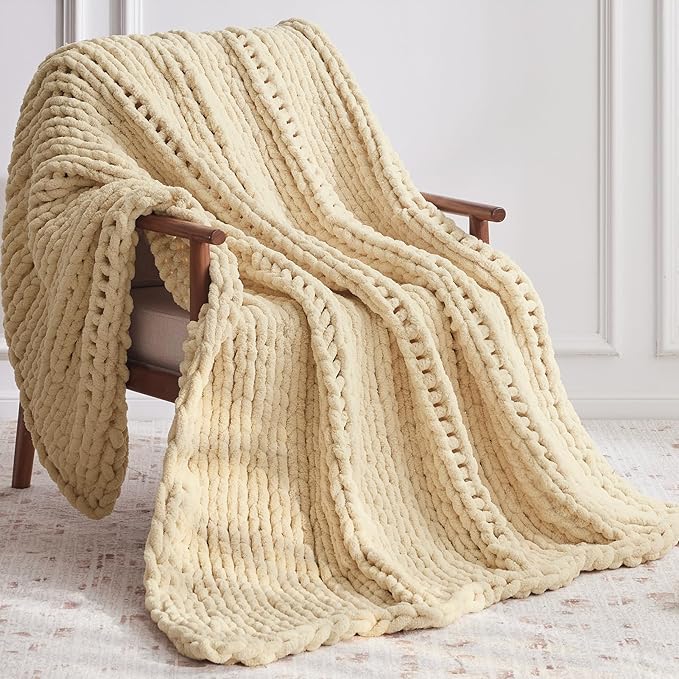 Chunky Knit Throw Blanket, 80''*90'' Knitted Throw Chenille Yarn for Bed Couch, Handmade Oatmeal Crochet Big Thick Blanket, Machine Washable Cute Comfy Blanket for Home Decor
