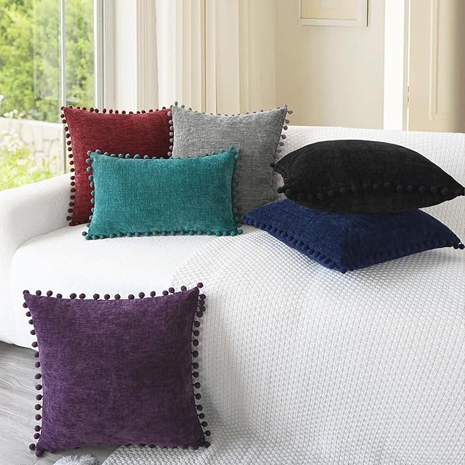CaliTime Throw Pillow Covers Decorative 20 X 20 Inches Pack of 2 Cozy Solid Dyed Soft Chenille Cushion Cases with Pom Poms for Couch Sofa Bed Living Room Home Navy Blue